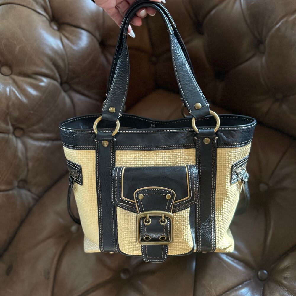 Vintage 2005 Coach Legacy Straw Tote Black Leather Shopper Bag Style 113 Y2K